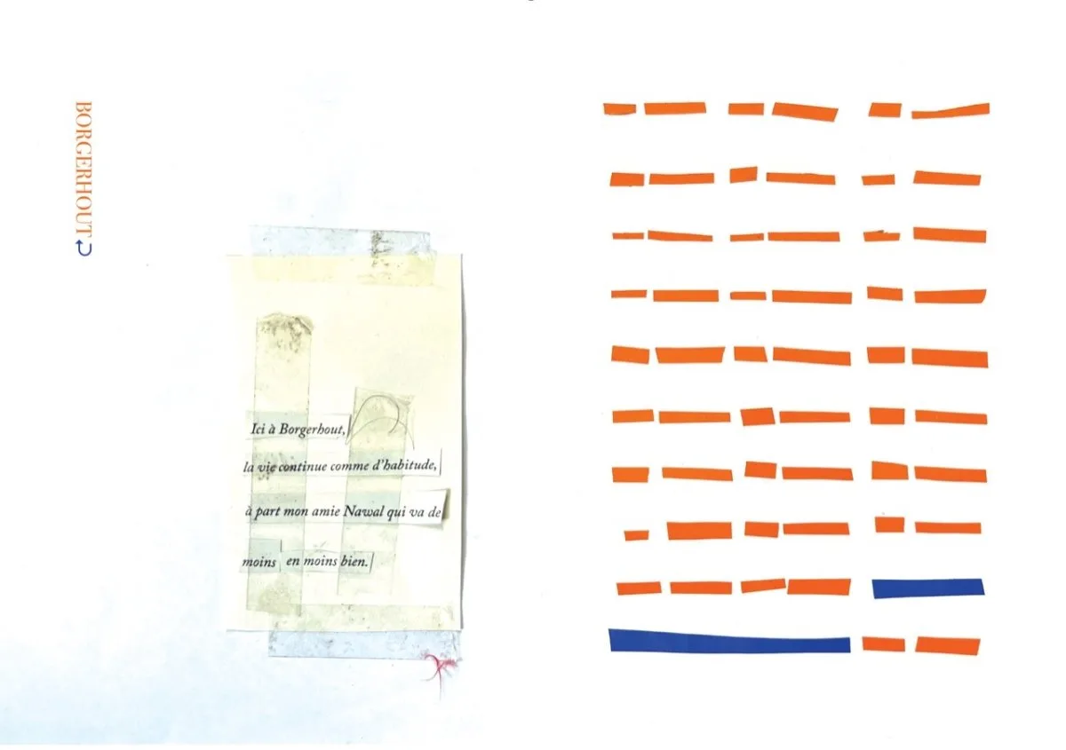 Double page blanche : à gauche le mot BORGERHOUT composé à la verticale en bleu et orange avec un collage de papiers translucides ; à droite dix lignes de traits courts découpés dans du vinyle orange.