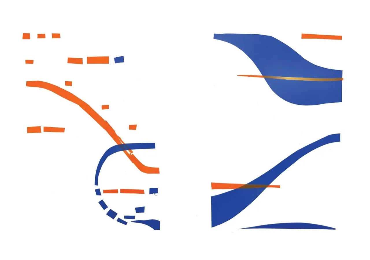 Double page blanche : à gauche une longue courbe orange et un arc bleu pointillé traversent un semis de petits rectangles ; à droite deux grandes vagues de vinyle bleu barrées d’une bande orange.