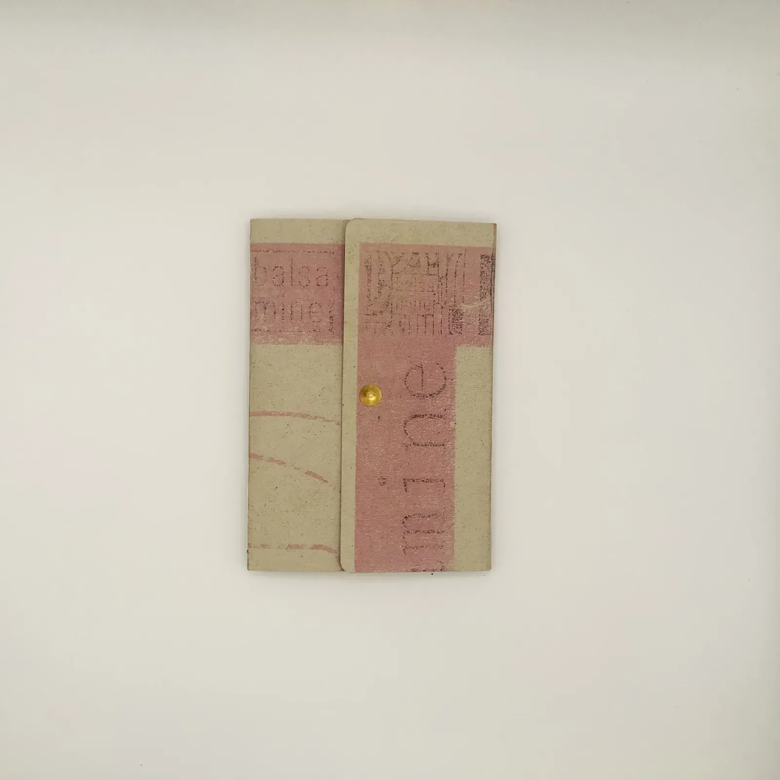 Le carnet fermé : une couverture de papier ancien récupéré, rayé de rose, où se lit la fin d’un mot — « mine »