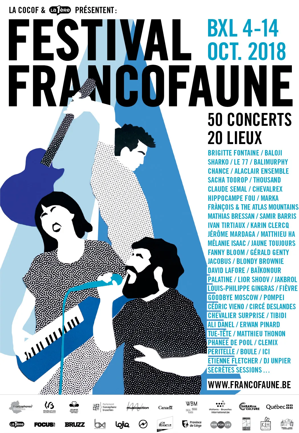 L’affiche du Festival Francofaune 2018 : trois musiciens découpés en papier, bleu et noir