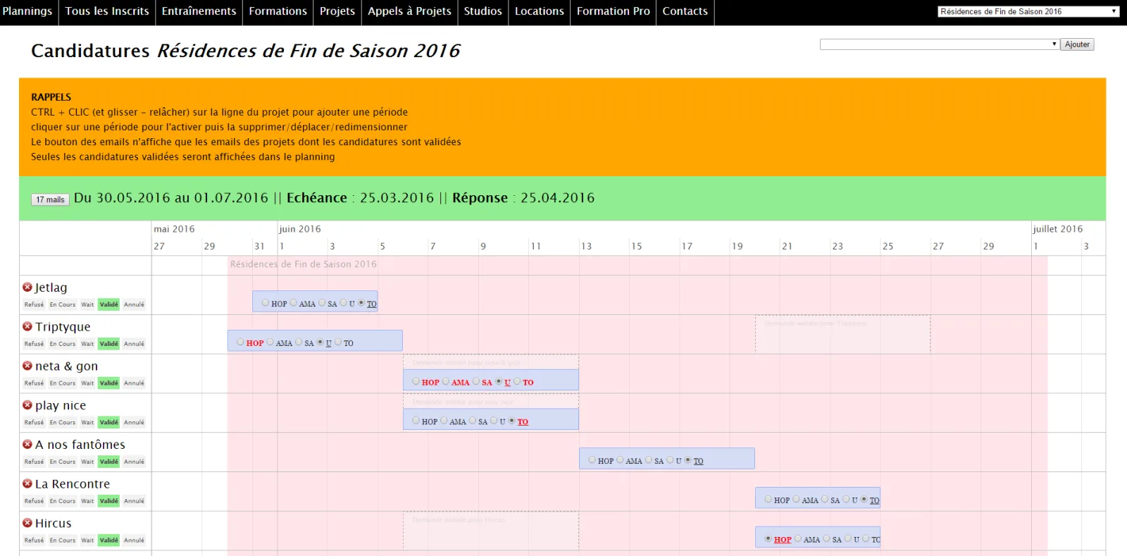 Console d’administration : planning des candidatures aux Résidences de Fin de Saison 2016, une ligne par projet, des périodes bleues posées sur un calendrier de mai à juillet, et pour chaque projet une rangée d’états — Refusé, En Cours, Wait, Validé, Annulé.