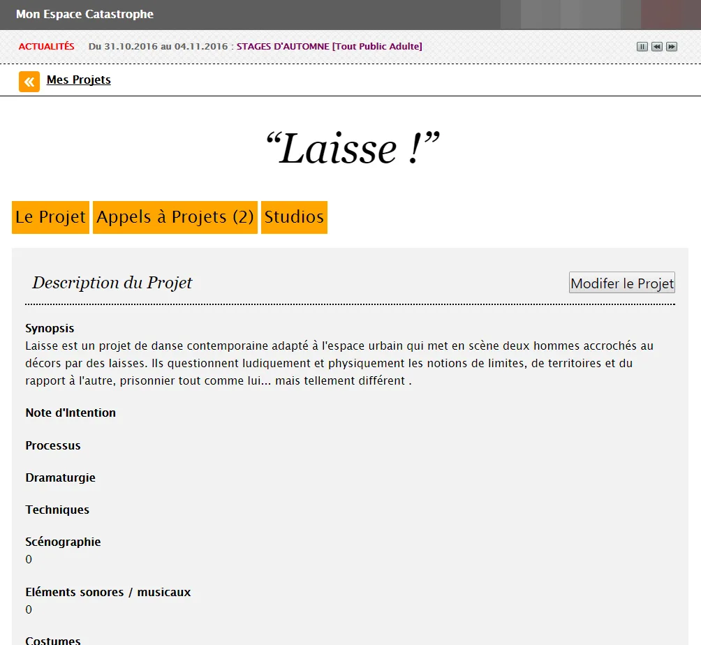 Page Formations de l’espace membre : bandeau Jeu(X) de Piste, programmation de la 22e saison de l’Espace Catastrophe, texte de présentation des cours du soir pour adultes.