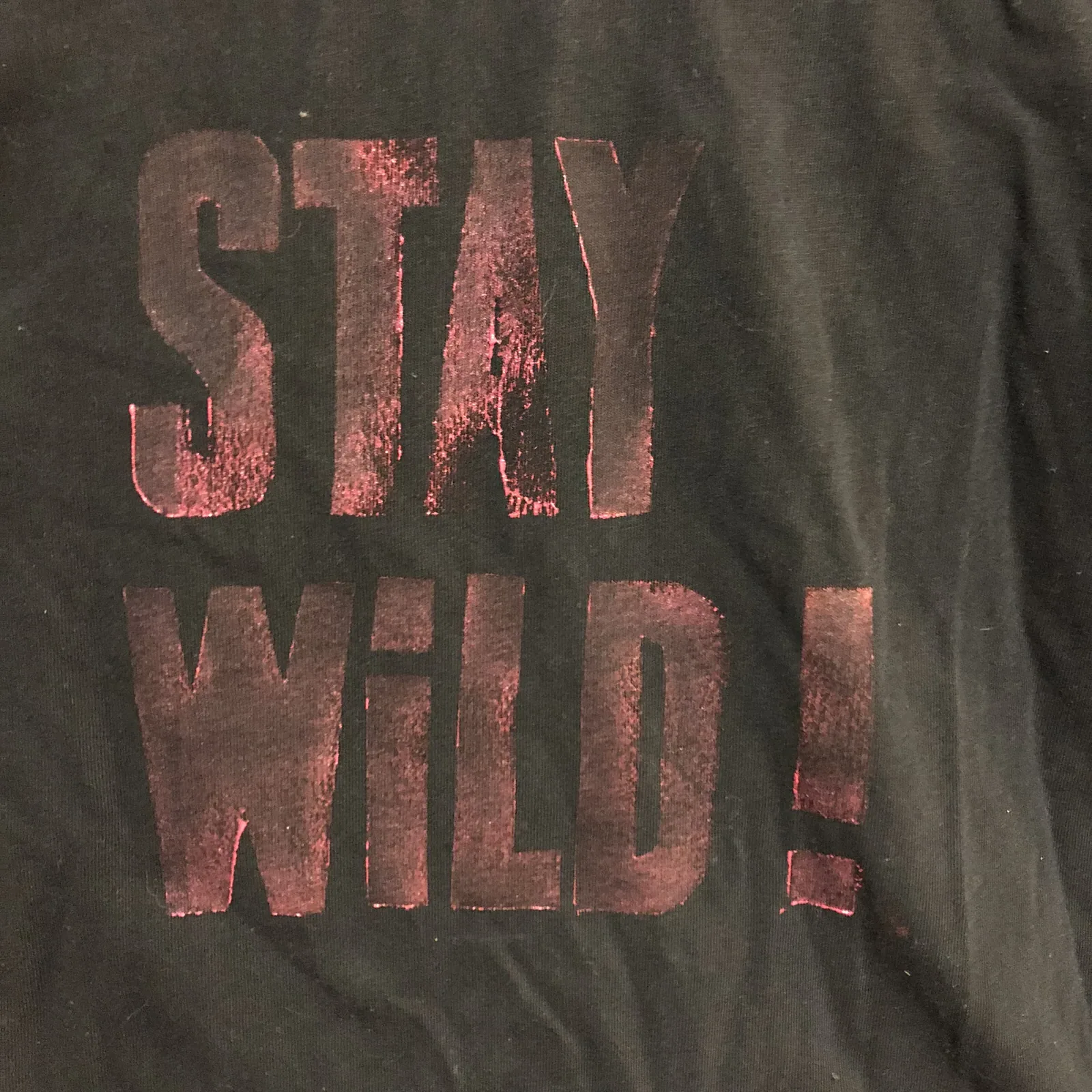 STAY WILD ! tiré en rouge cuivré sur un t-shirt noir, les lettres au pochoir